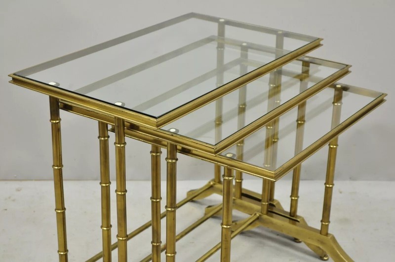 Mastercraft Hollywood Regency Brass Faux Bamboo Glass Top Nesting Side Tables gallery
