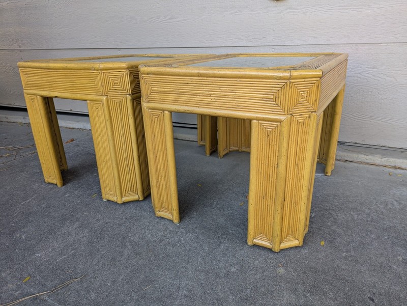 Vintage Pair of Boho Chic Bamboo Rattan Pencil Reed Tables Mid Century Modern gallery