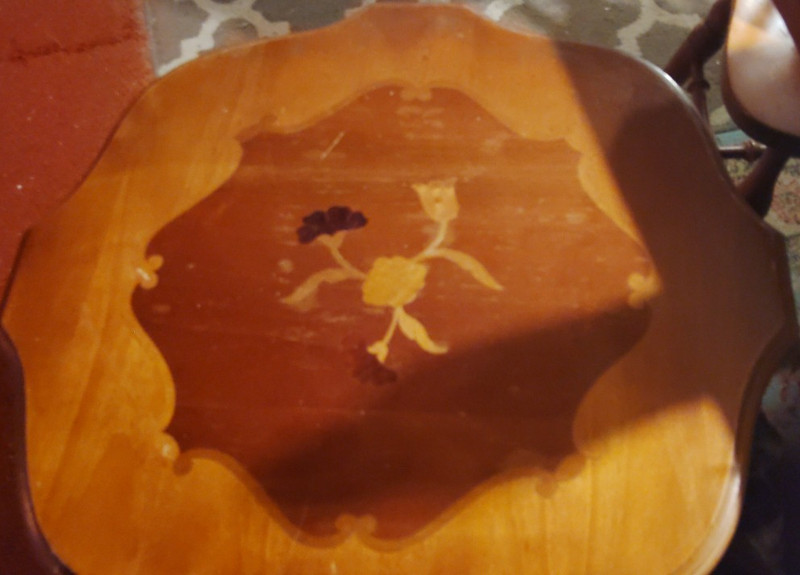 Antique Wood Coffee Table Floral/Bird Inlay Top Brown 30x18x18 in