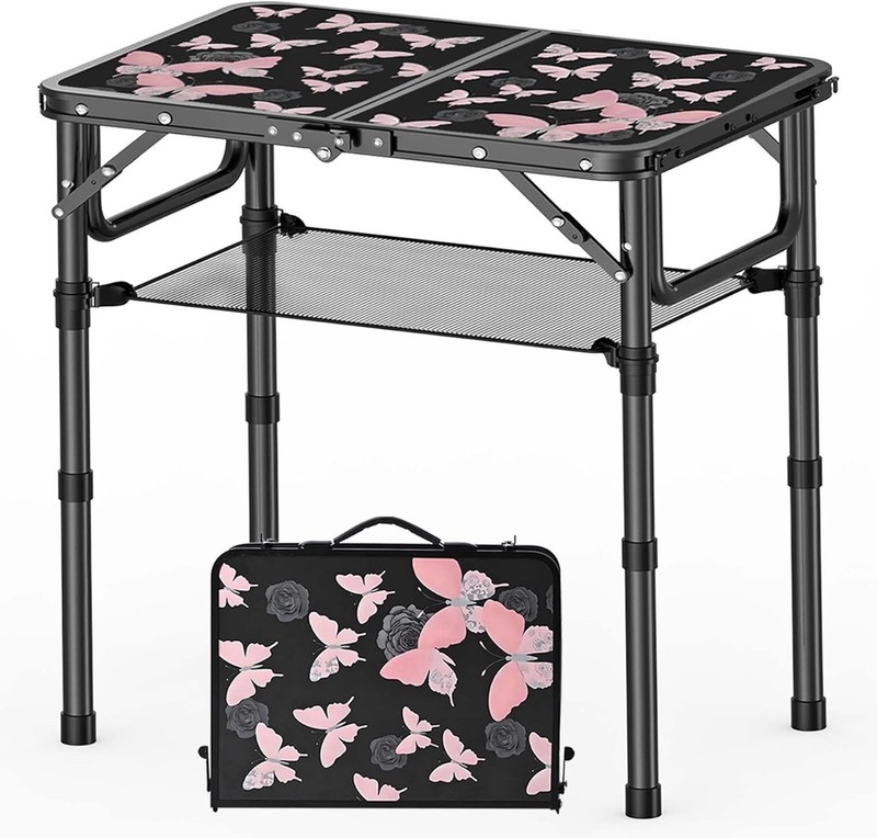 Small Camping Table, Vintage French Butterflies Pattern Folding Table, Adjust…