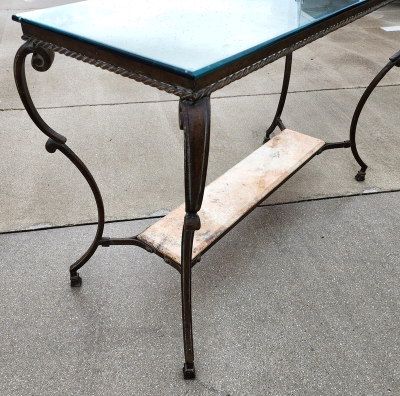 SHERRILL Patinated Console Table Metal Glass Marble 1970s gallery