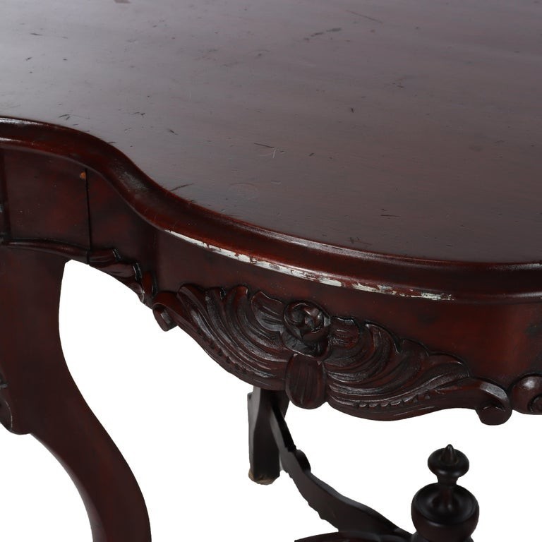 Antique Carved Flame Mahogany Turtle Top Table C1880 gallery