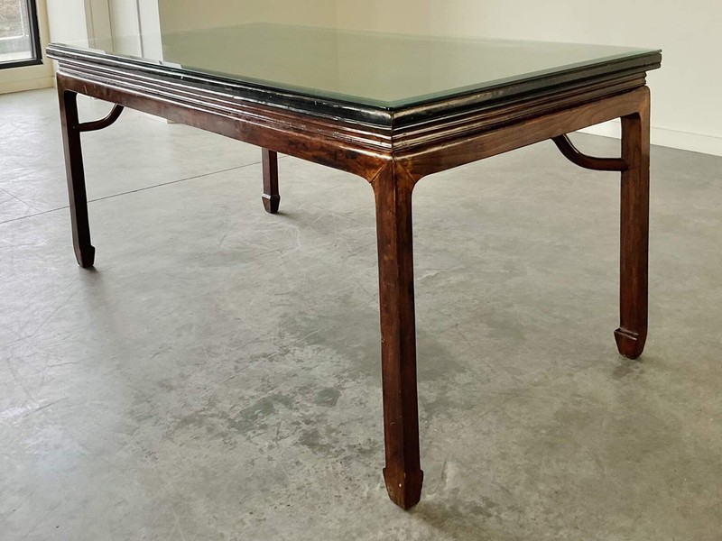 Antique Wood Dinning Table With Beveled Glass Tabletop gallery