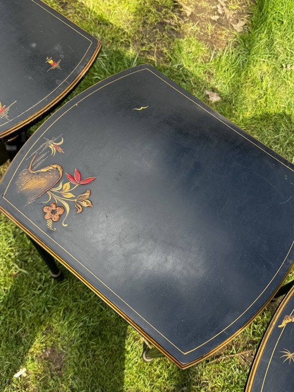 Vintage Oriental Asian Black Nesting Tables Set Of Three w Decorative Table Tops gallery