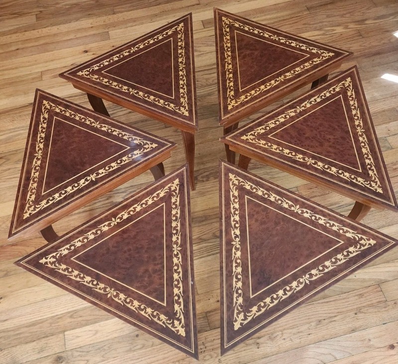 Vtg Set Of 6 Triangle Mahogany Coffee Table W/Reuge music Box Italy