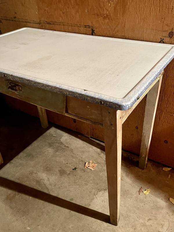Vintage White Enamel Top Metal Kitchen Baker’s Table. Shabby Chic. gallery