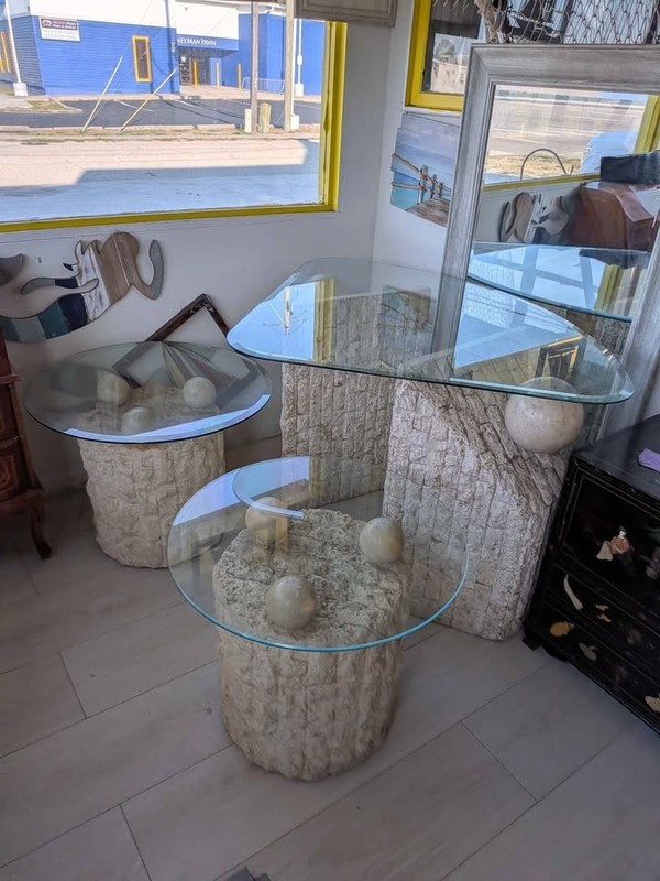 Vintage Mactan Faux Fossil Stone Post Modern Coffee Table and 2 End Tables