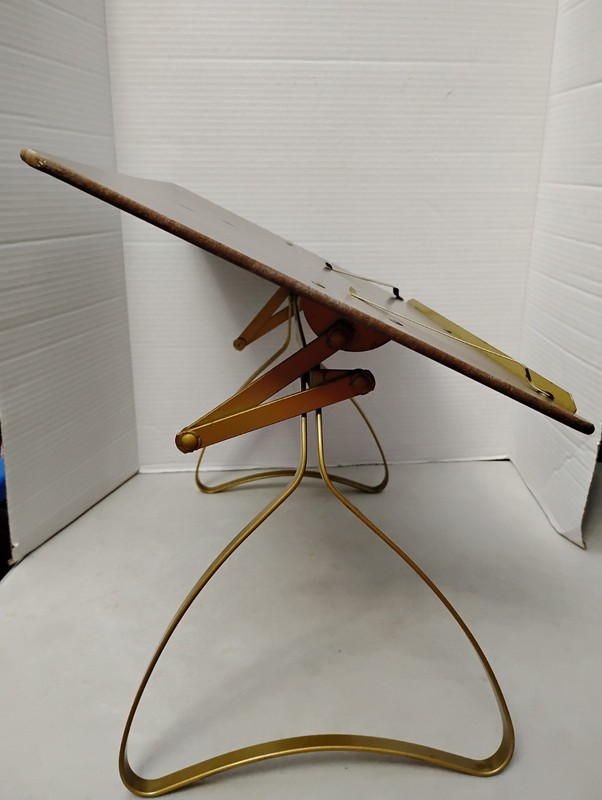 Vintage Tabletop Drafting Table Stand Brassy Faux Wood Gold Tone Display Adjust gallery