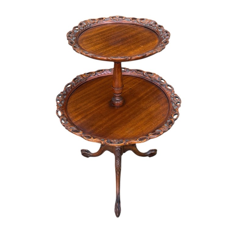 Antique 1900s Carved Mahogany Two-Tier Pedestal Table Ornate Pie Crust Edge