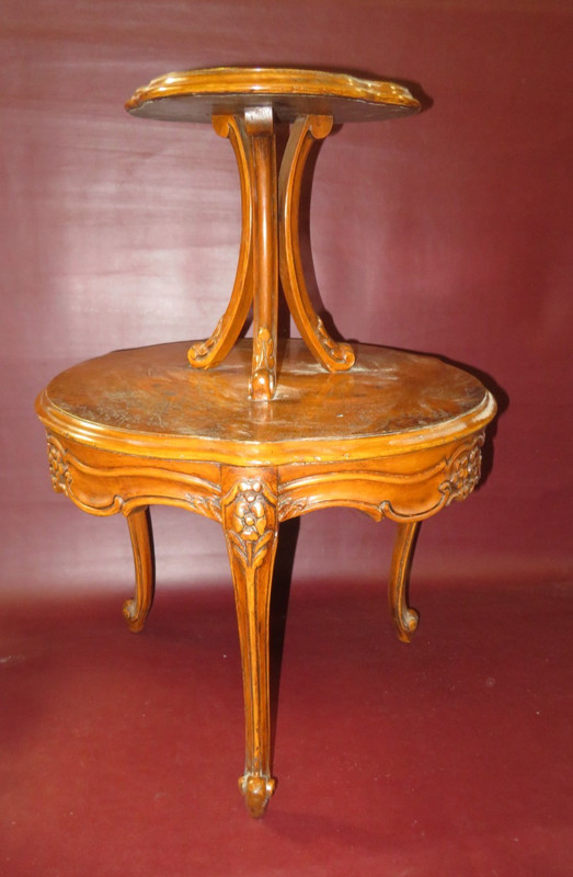Antique 28.5" Tall American Burled Walnut Two-Tiered Occasional Table c. 1930 gallery