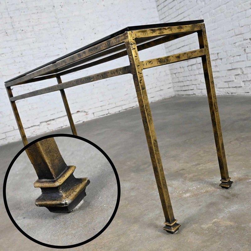 Modern Iron Console Sofa Table Gold Hammered Look & Smoked & Beveled Glass Top gallery
