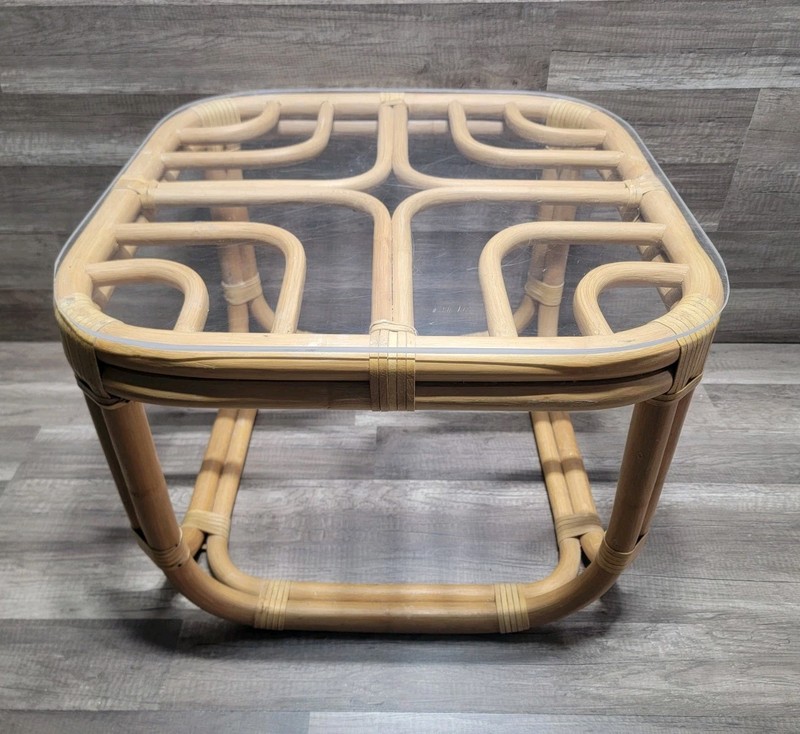Vintage Brown Jordan Rattan Bamboo Side/ End Table 22" X 22 X 16.5" Tall gallery