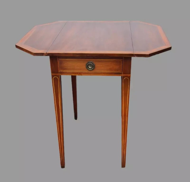 Antique Sheraton Mahogany One Drawer Pencil Inlay Drop Leaf Side Table 27'' High gallery