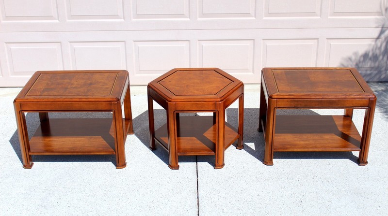 Vintage Mahogany & Burl-Wood Side Tables – Set of 3