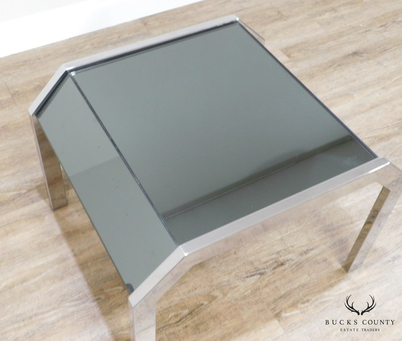 Mid Century Modern Chrome & Smoked Mirror Pair Side Tables gallery