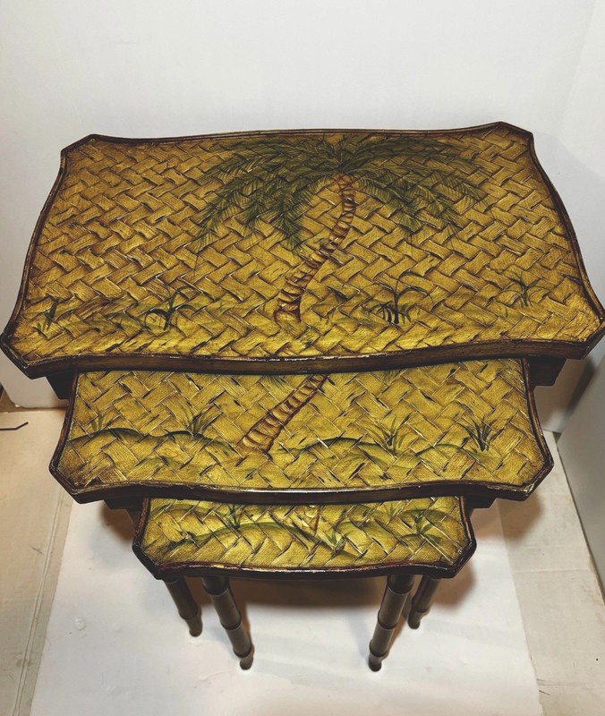 Vintage Boho Chic Faux Bamboo Nesting Tables 3 Pc Handpainted Chinoiserie Style