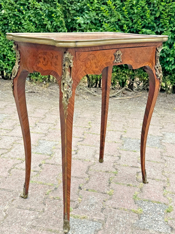 Table Antique Louis XV Style French 1860 Marquetry Fruitwood Bronze Detail