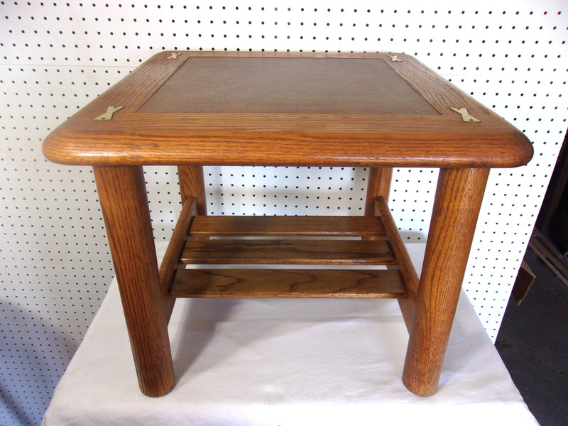 Vintage Oak Wood End Side Table Leather Naugahyde Top MCM