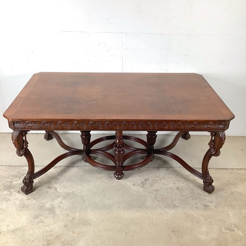 72” Carved Renaissance Revival Dining Table – Scroll Legs & Stretcher gallery