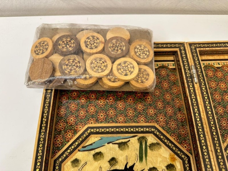 Rare Persian Hand-Painted Khatam Marquetry Inlaid Backgammon Chess Board Set gallery