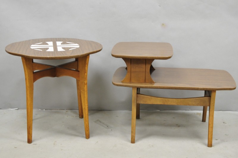 Vintage Mid Century Modern Walnut & Formica Round & Step Side Table Set - 2 pcs gallery