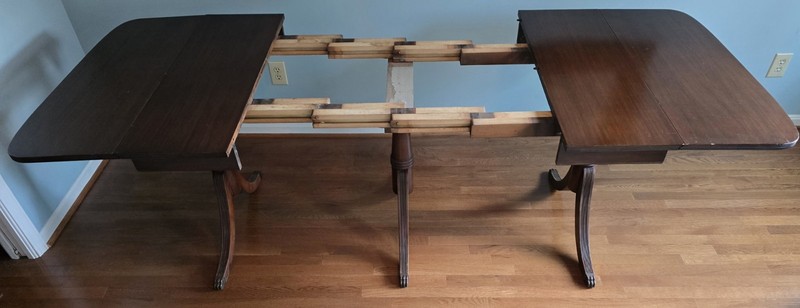 Antique Duncan Phyfe Style Triple Pedestal Mahogany Drop-Leaf Dining Table Claw gallery