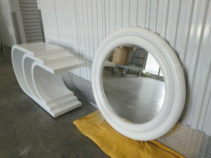 1970'S MOD WHITE LACQUER OVERLAPPING C'S CONSOLE AND MIRROR gallery