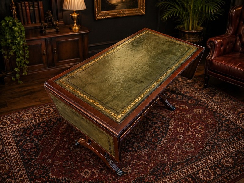 Rare Shaw Of London Leather Top Sofa Table Mahogany Drop Leaf Regency