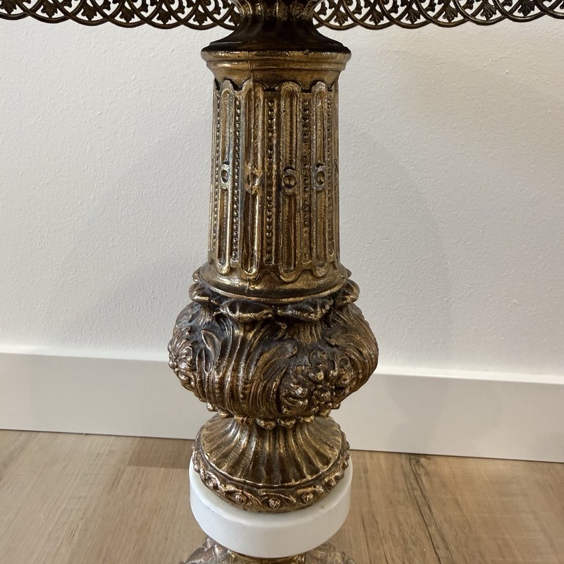 Vintage Hollywood Regency Ornate Brass & Carrara Marble Round Drinks Table gallery