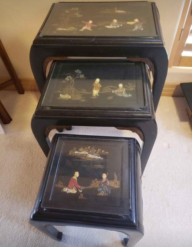 CHINESE NESTING STACKING TABLE MOTHER OF PEARL JADE STONE CARVINGS SET 3 VINTAGE