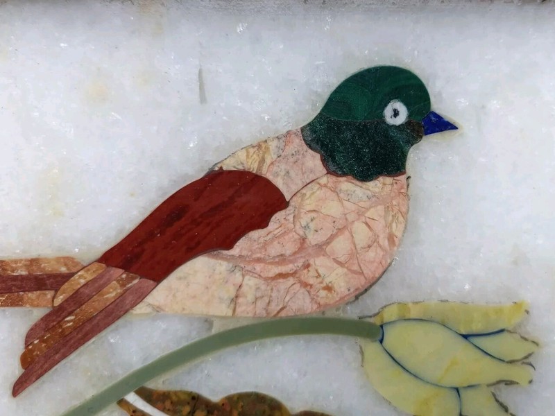 Handmade Colorful Bird Inlayed on Marble Pietra Dura Plaque Micro Mosaic #24 gallery