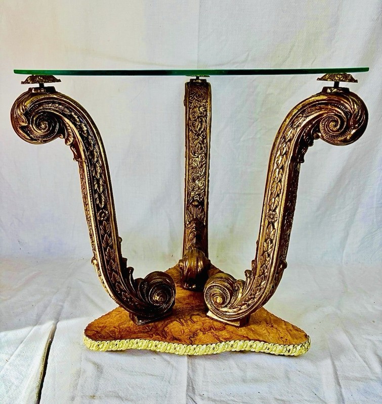 Exquisite Hollywood Regency Carved Gilt Side Table Brass Glass Top Burl Wood gallery