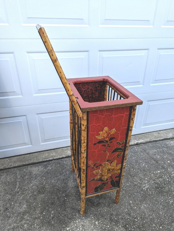 Vintage Edwardian Bamboo Stand Table Accent Display Bar Cabinet Red Floral RARE gallery