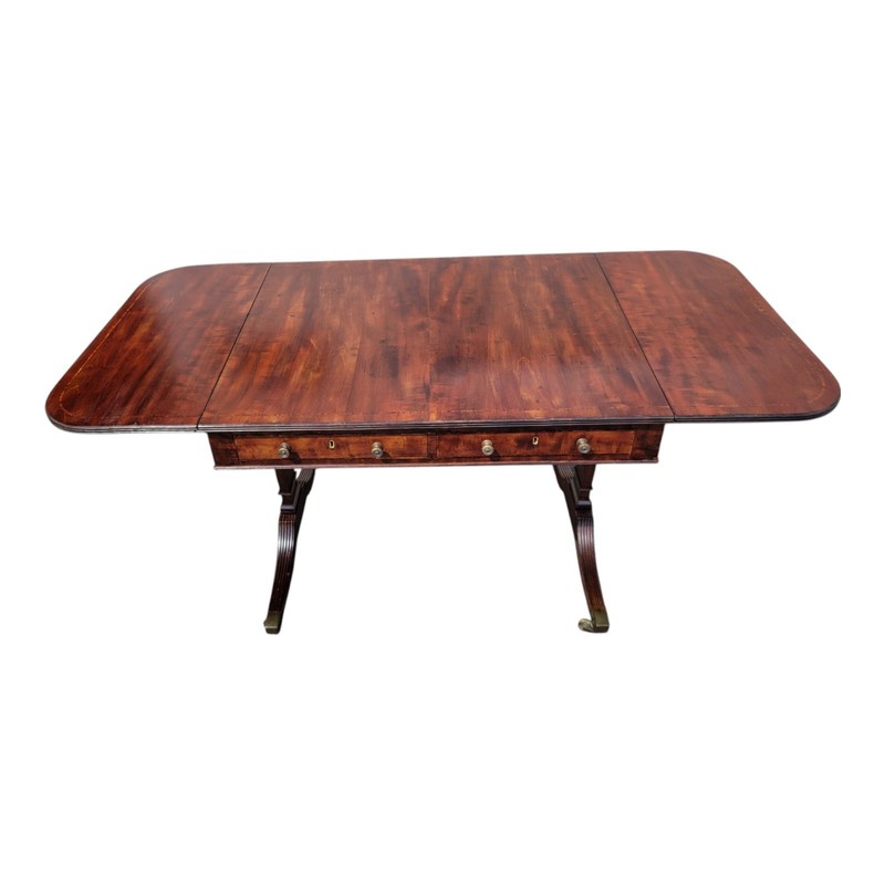 Early 19th C English Regency Plum Mahogany Drop Leaf Sofa Table Desk
