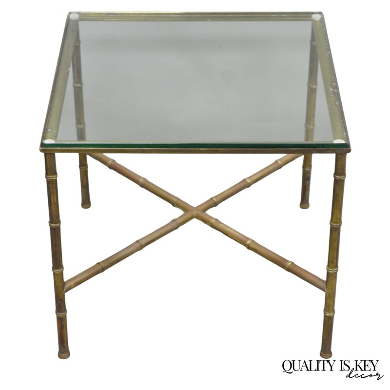 Vintage Hollywood Regency Brass Faux Bamboo Square Glass Top Low Side Table