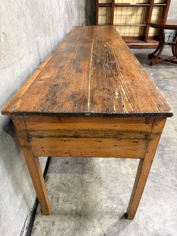 19th C French Draper’s Table Fruitwood Pine 4 Drawer Primitive 90” gallery