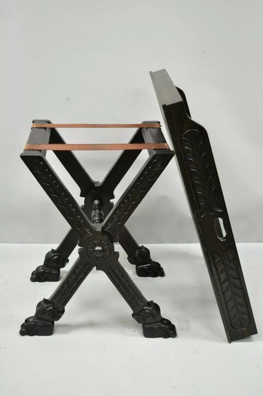 Antique Italian Renaissance Carved Walnut Bar Folding Tray Table w Lion Paw Feet gallery