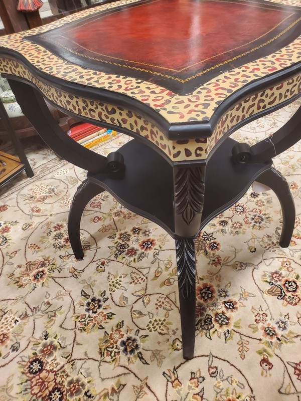 Antique Regency Refurbished Animal Print Artisan Side Table With Leather Top gallery