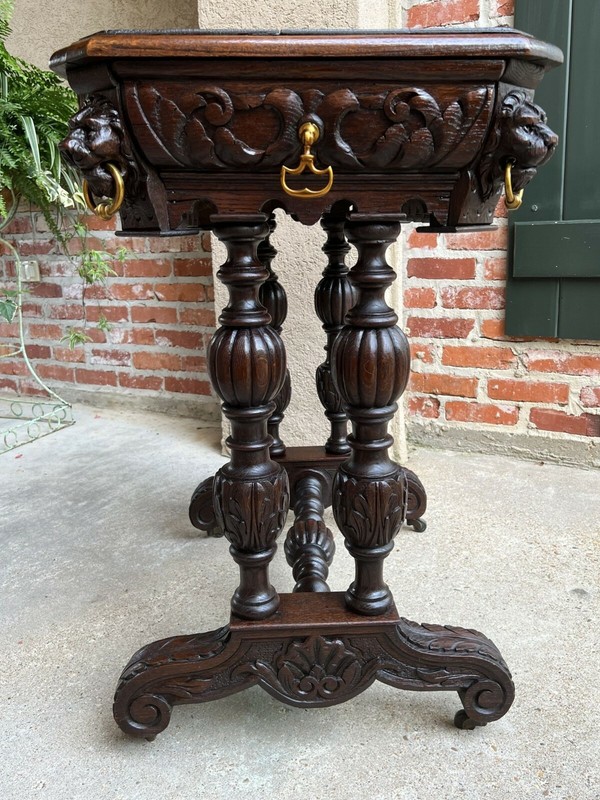 Antique French Carved Oak Library Table Petite Desk Renaissance Lion 19th c gallery