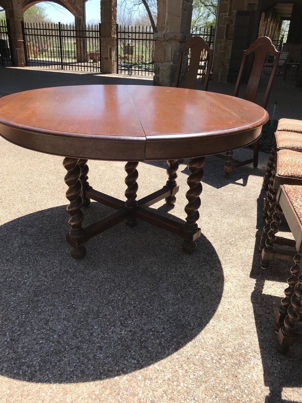 antique barley twist oak dining table chairs & leaves original finish rare set gallery