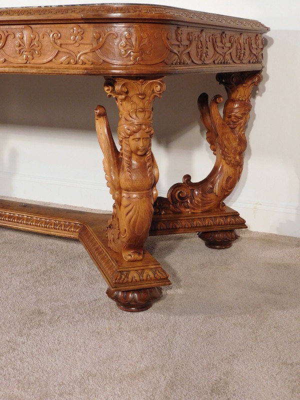 MONUMENTAL R J Horner 1870s 80s Carved Burl Walnut Library Center Entrance Table gallery