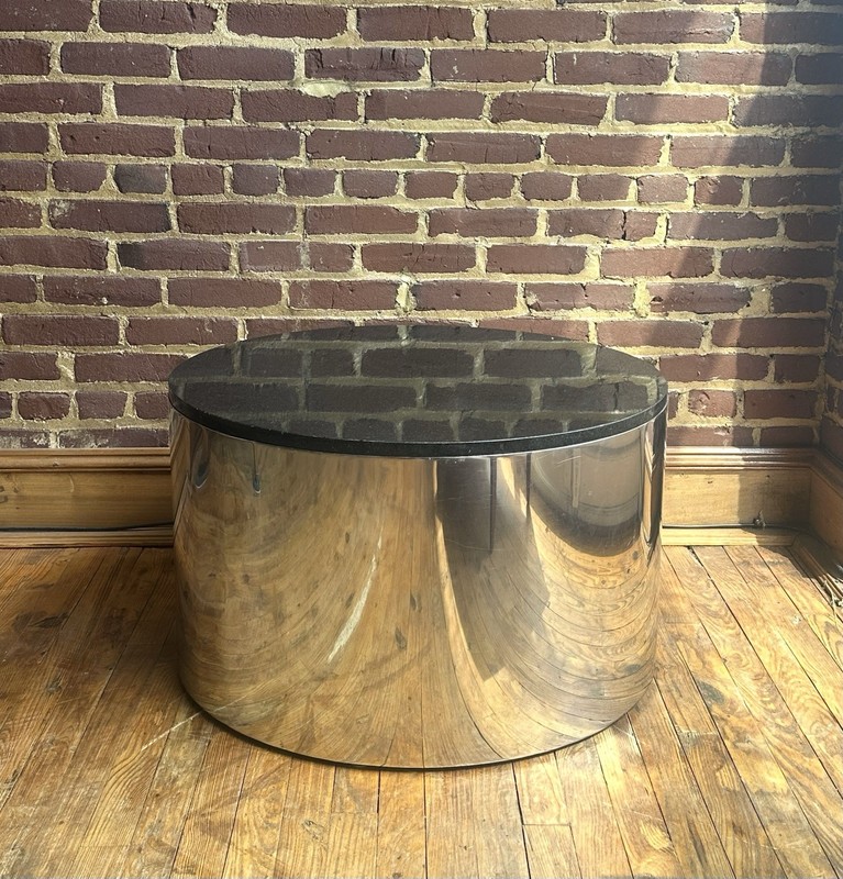 Paul Mayen Habitat Chrome & Granite Mid Century Modern Large Drum Coffee Table gallery