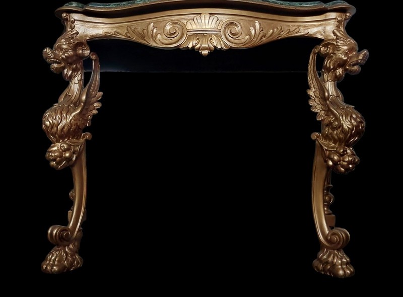ANTIQUE LARGE FRENCH TABLE CONSOLE FIGURAL GARGOYLES CARVED GILT WOOD & MARBLE gallery
