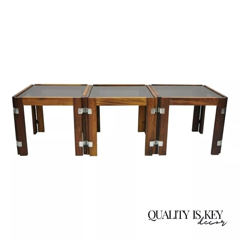 Interior Form Mid Century Danish Modern Rosewood & Glass Side Tables – 3 Pcs