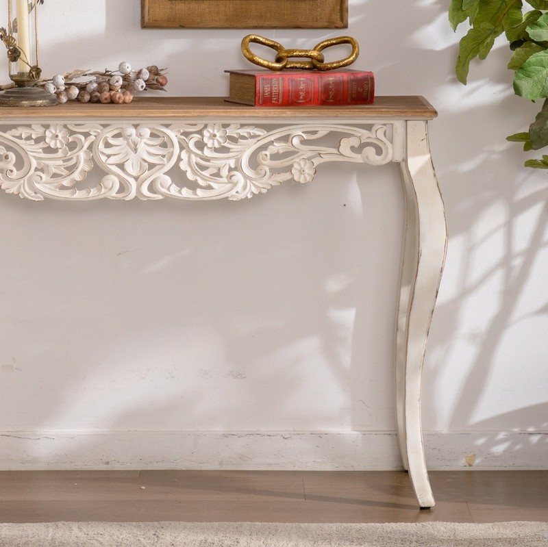 43.31" French Carved Console Table Antique White Wood for Hallway/Living Room US gallery