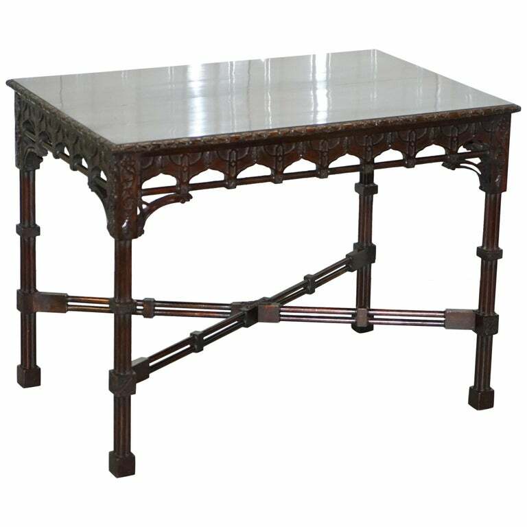 RARE 19TH CENTURY THOMAS CHIPPENDALE CLUSTERED COLUMN LEG SILVER TEA SIDE TABLE