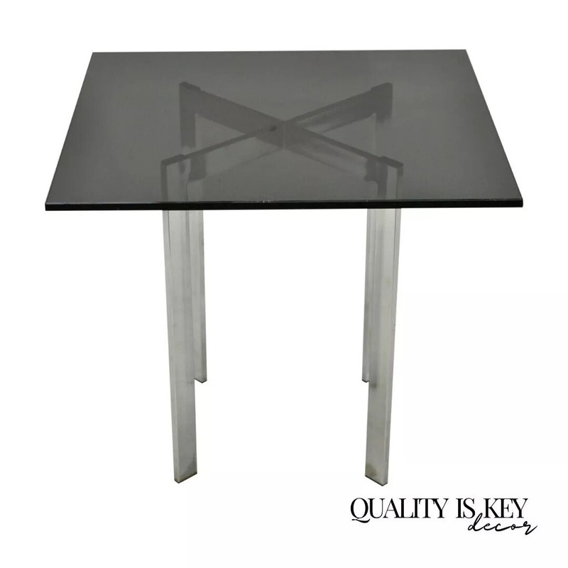Mid 20th Century Chrome X-Frame Smoked Glass Barcelona Style Side End Table