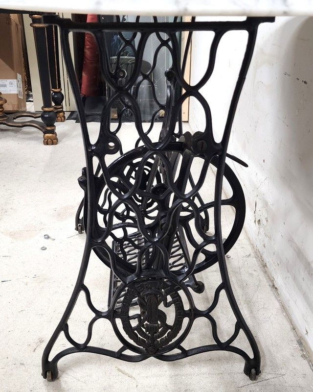 Antique Singer Iron Table Carrara Marble Top gallery
