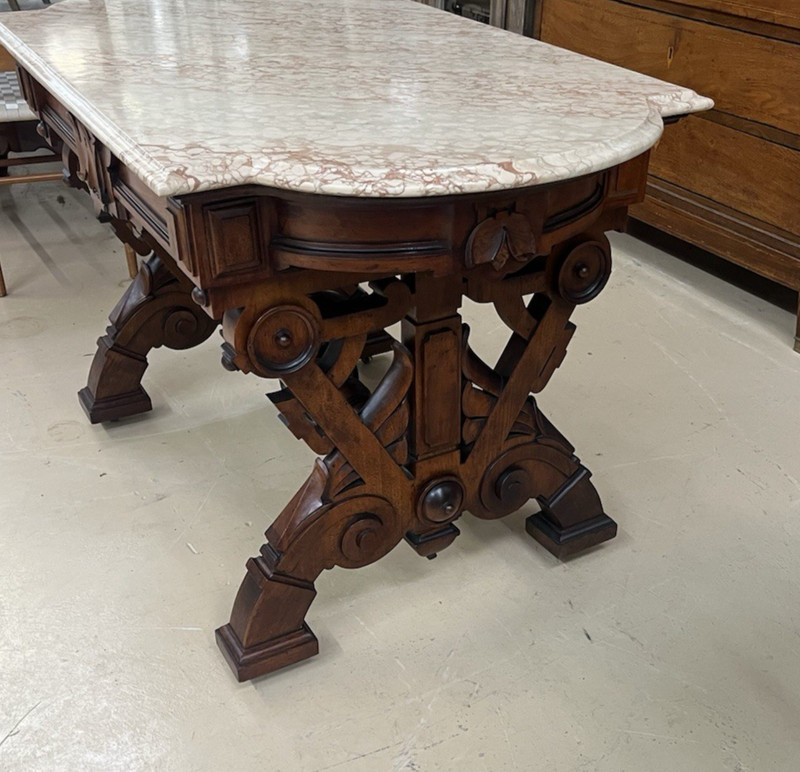 19th C. Victorian Renaissance Revival Carved Walnut Marble-Top Desk 49.5" gallery