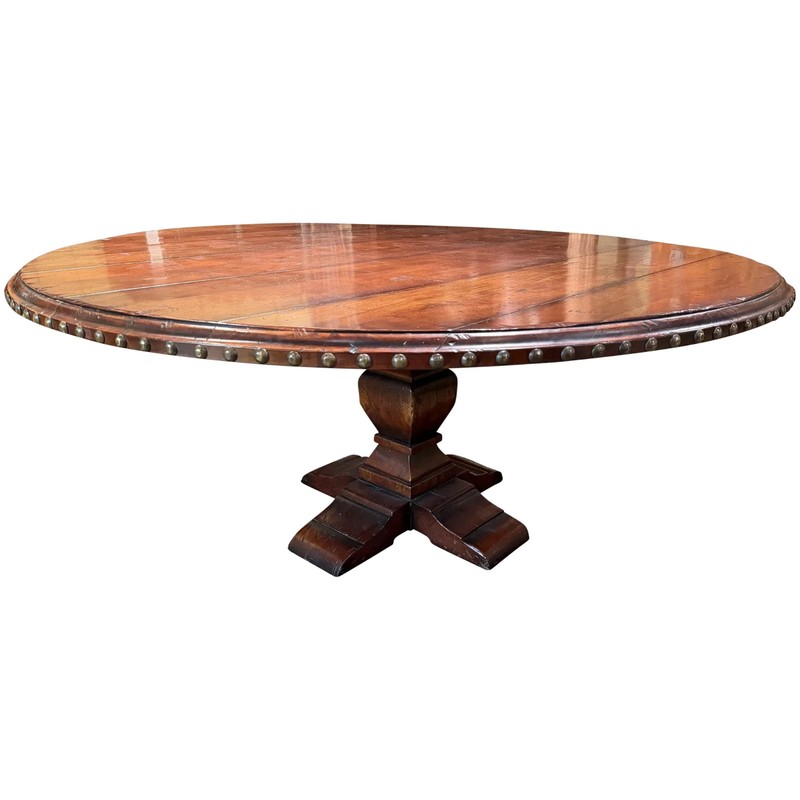 Large Round Continental Walnut Dining Table w/ Carved Pedestal and Nailwork Edge